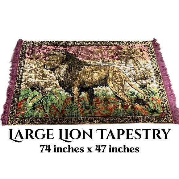 Large Vintage Lion Fringed Tapestry or Rug, 74 inches by 47 inches - Picture 1 of 9